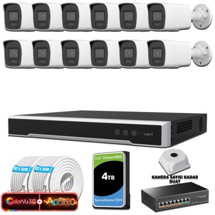Hikvision KSET0573 Kampanyalı İP Kamera Setleri – Hikvision 12 Kameralı 6MP IP ColorVu 3.0 Güvenlik Sistemi AI İnsan Araç Algılama Çift Yönlü Ses ve Işıklı Alarm