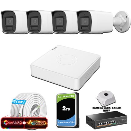 Hikvision KSET0565 Kampanyalı İP Kamera Setleri – Hikvision 4 Kameralı 6MP IP ColorVu 3.0 Güvenlik Sistemi AI İnsan Araç Algılama Çift Yönlü Ses ve Işıklı Alarm