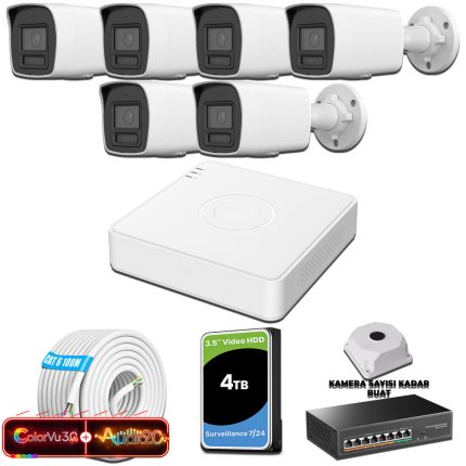 Hikvision KSET0567 Kampanyalı İP Kamera Setleri – Hikvision 6 Kameralı 6MP IP ColorVu 3.0 Güvenlik Sistemi AI İnsan Araç Algılama Çift Yönlü Ses ve Işıklı Alarm